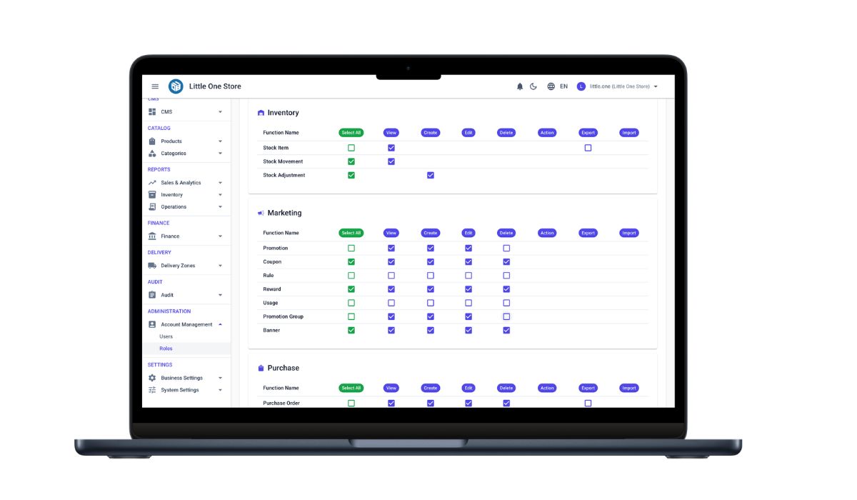 Access matrix and role permission settings
