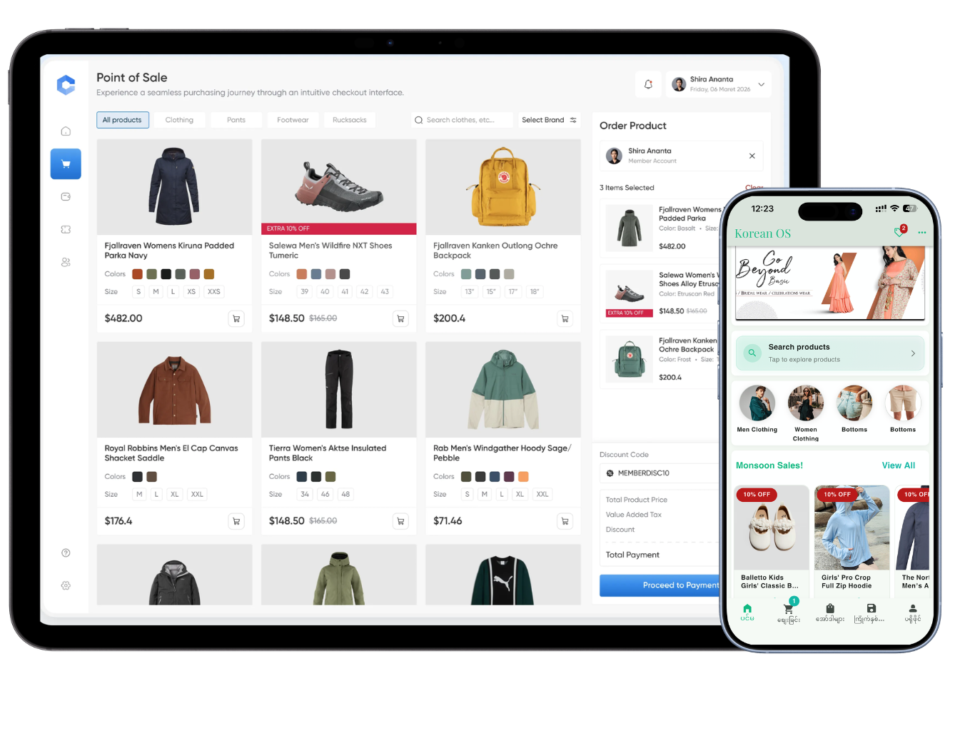 OneBox iPad POS checkout screen with product grid, cart, discount, and payment summary